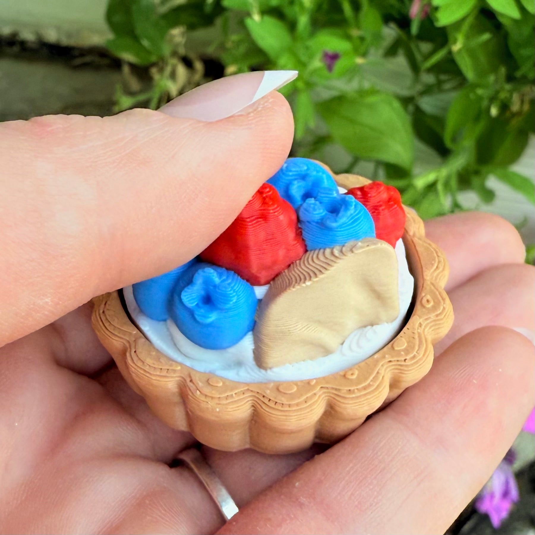 Hand holding a small wooden container with red, blue, and beige objects against a blurred green background